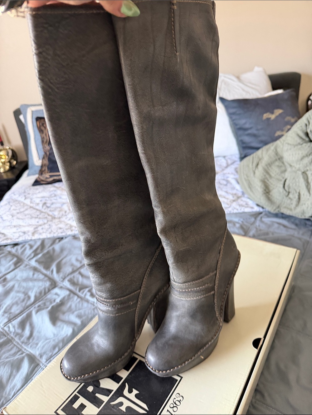 Frye Tall Leather Heeled Boots - Gray